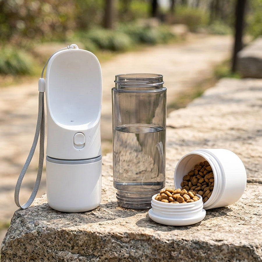 2-in-1 Portable Pet Water Bottle – 350ml Leak-Proof Bottle with Food Storage