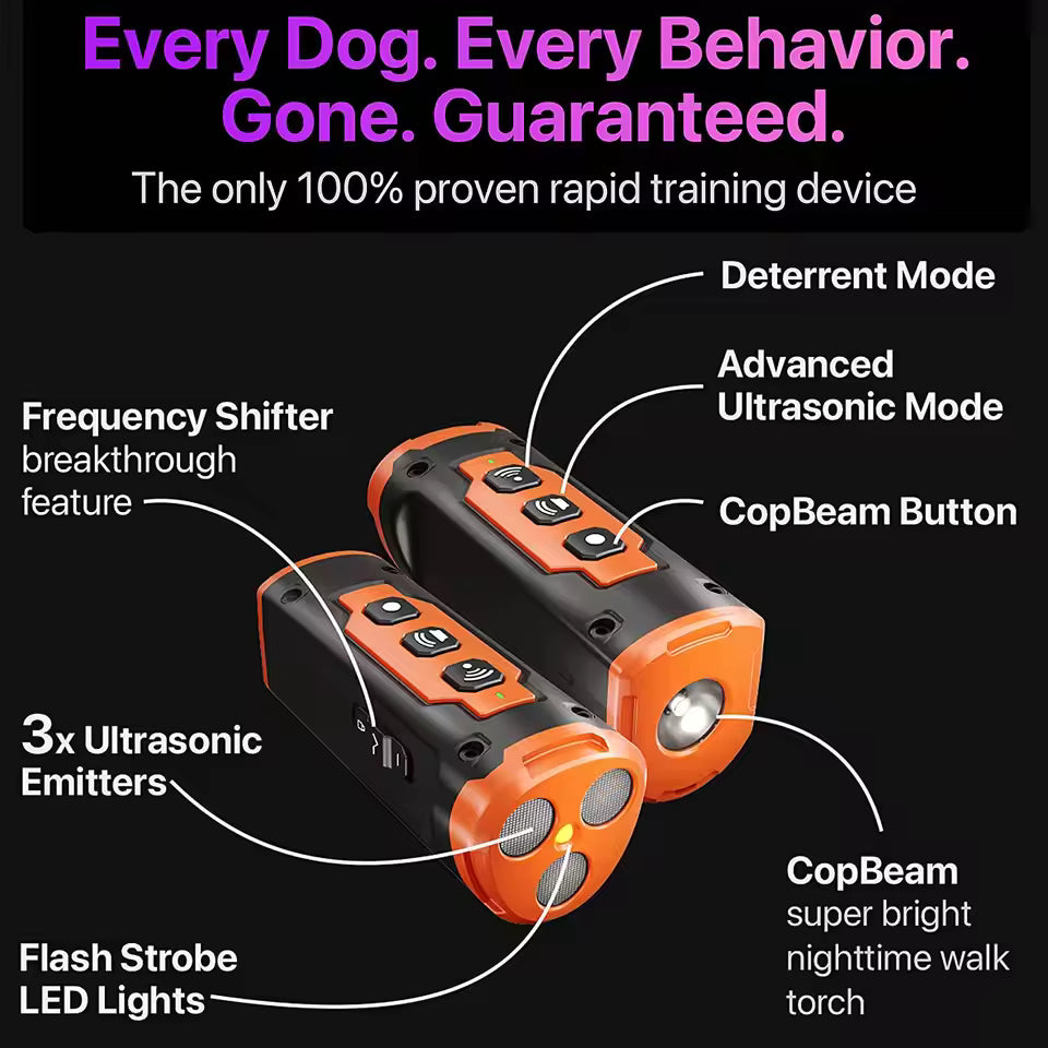 Rechargeable Ultrasonic Dog Repeller & Training Device with LED Flashlight